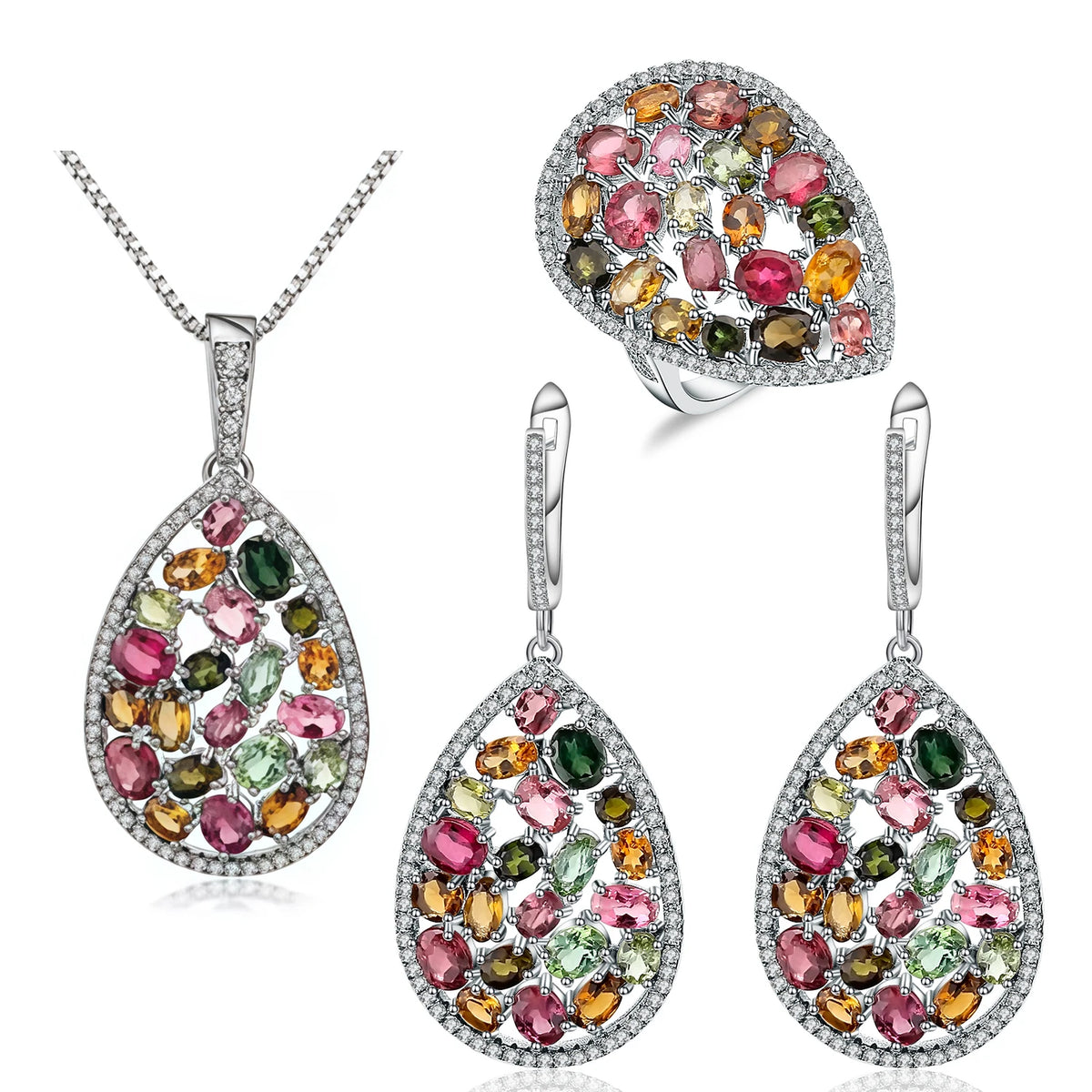 ArtistA Abiding Custom Multi-Gemstone Sterling Silver Jewelry Set Oval Cut Natural Tourmaline Water Drop Earrings Pendant Ring