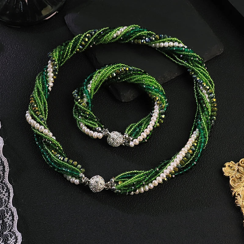 Natural Freshwater Pearl Green Glass Bead Jewelry Set for Women Wedding Banquet Party Dainty Pearl Jewelry Set Luxury Jewelry