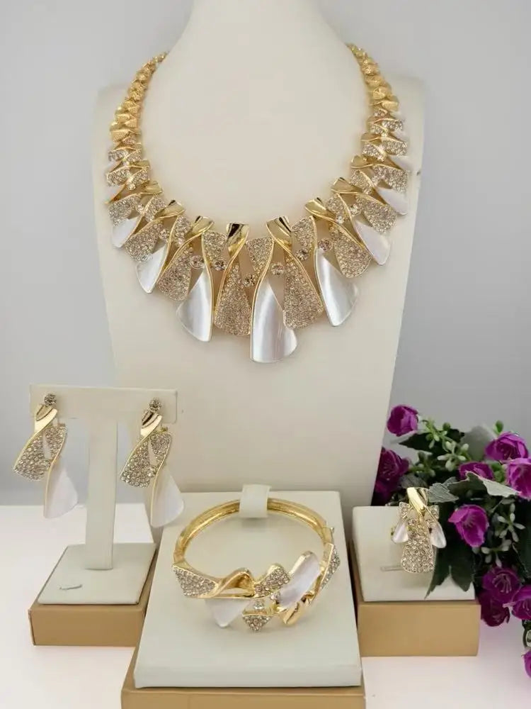 Italian Gold-Plated Jewelry Set Necklace Bracelet Earrings Ring Four-Piece Sets Inlaid with Crystals Wedding Jewellery Set