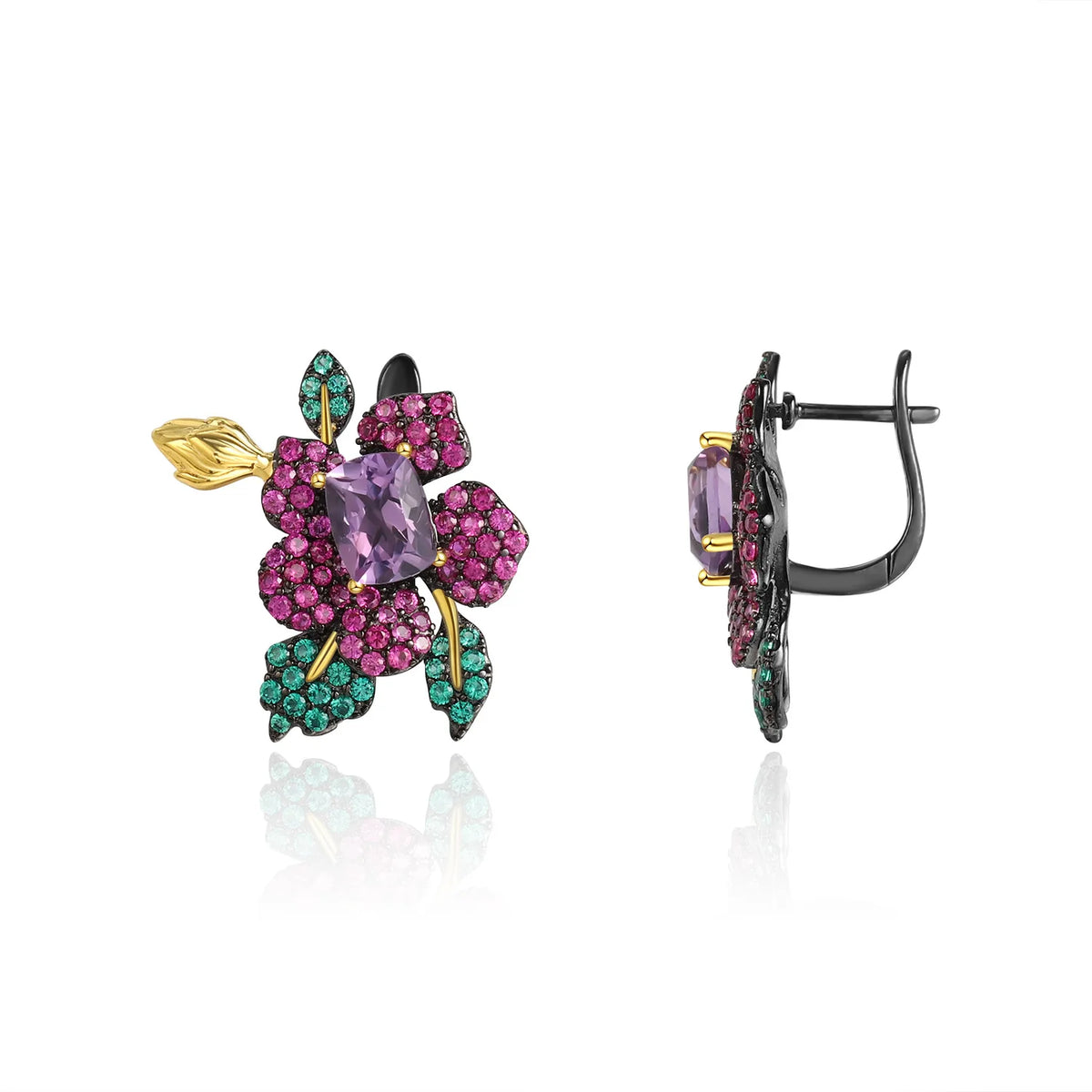 REDheart TIANSHE Design High-end Jewelry S925 Pure Silver Flower Brooch Pendant Natural Amethyst Ring Earrings Set
