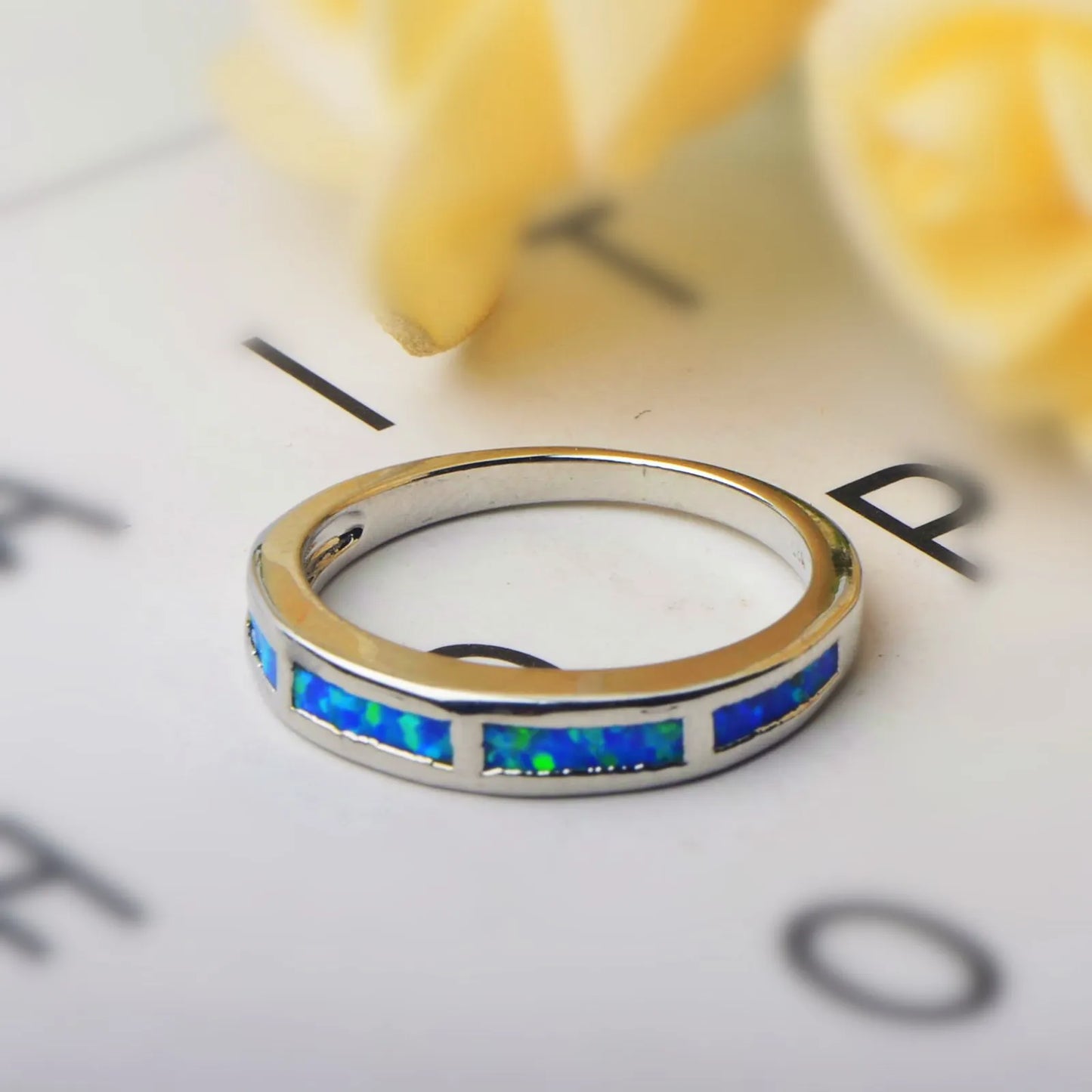 Silver Blue Opal Striped Ring | Minimalist Fashion Band Jewelry