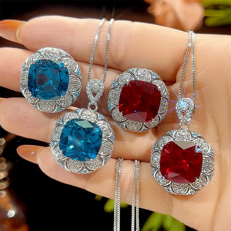 REDheart Women's Classical Grain Copper Inlaid Zircon Gold-Plated Flower Shape Opening Ring Simulation Blue Spinel Retro Set