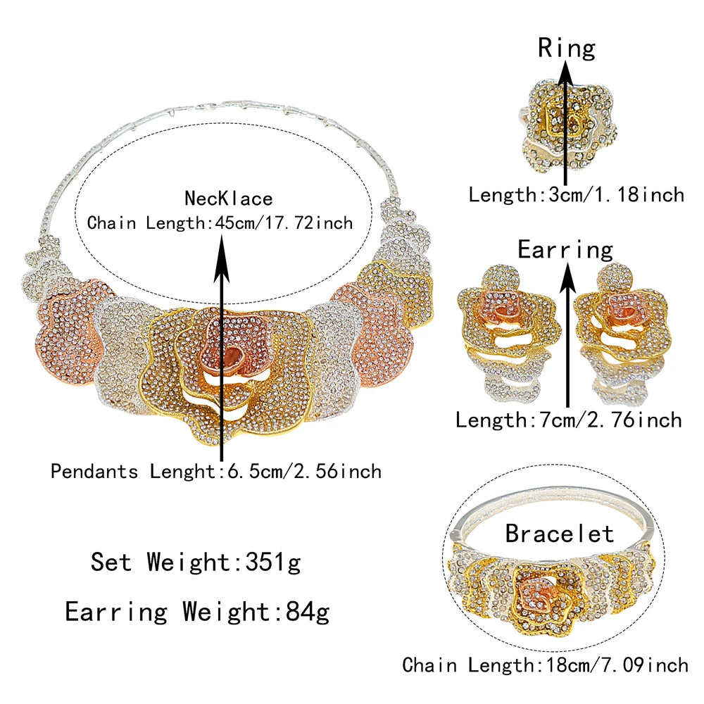 Zhuerrui Rhinestone Paved Rose Flower Jewelry Set for Wedding Multi-color Crystal Floral Statement Jewelry Sets HS2550139