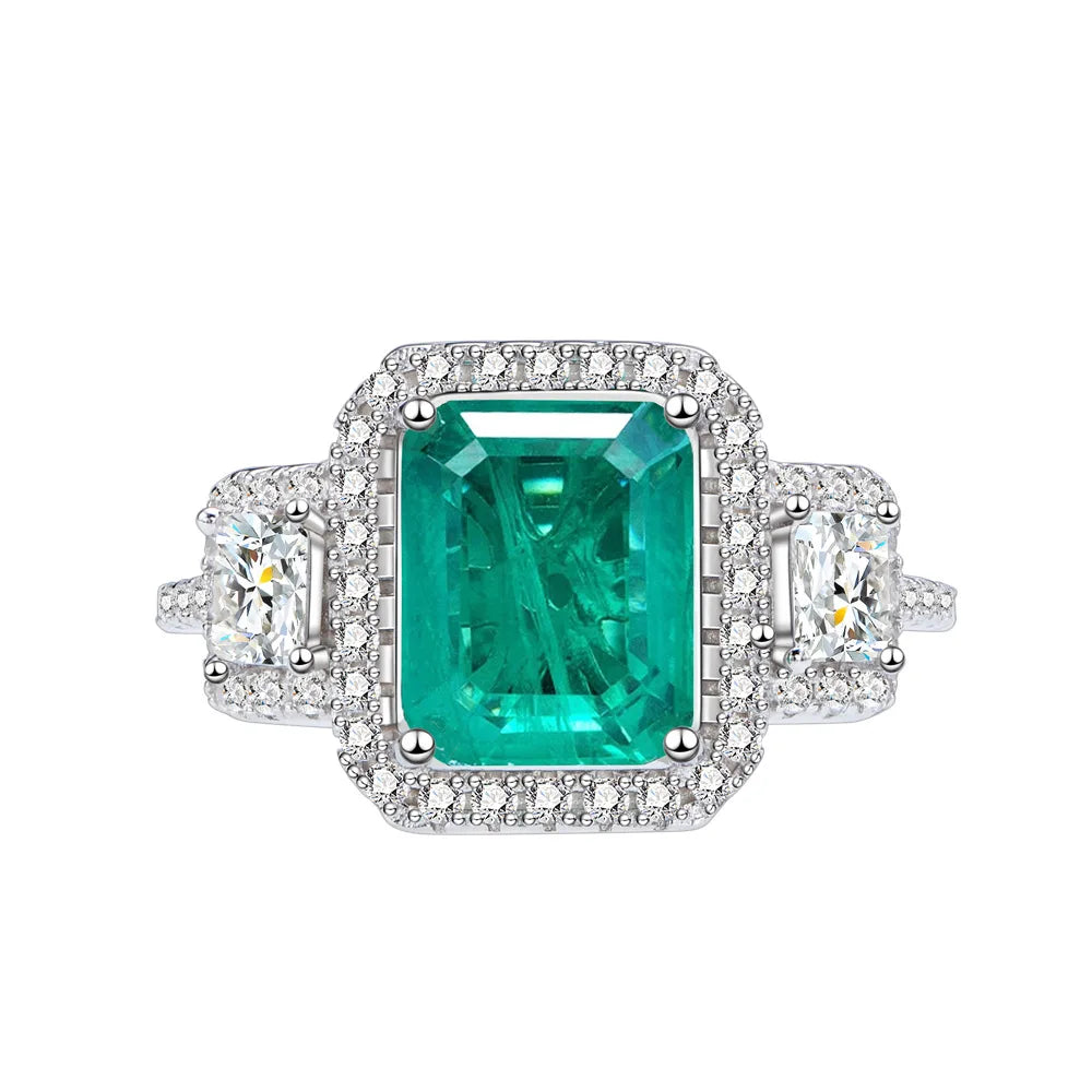 MuShan Jewelry Factory New 8 * 10mm Blue Green with Cotton Emerald Ring Women Pure Silver Simulation Gemstone Silver Jewelry