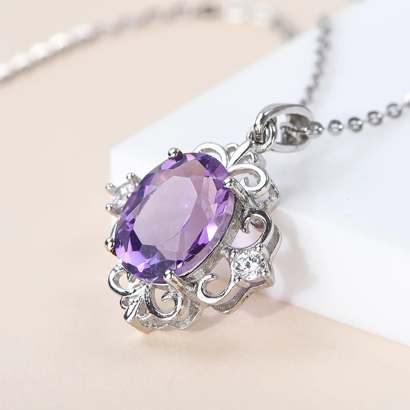 Gioiellieri Handmade 925 Sterling Silver Natural Amethyst Pendant Purple Crystal Healing Stone Necklace Trendy Jewelry for Party or Gift