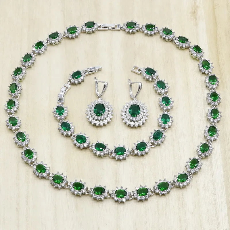 Green Blue Semi-precious Silver Jewelry Sets for Women Necklace Earrings Bracelet Wedding Bridal Jewelry