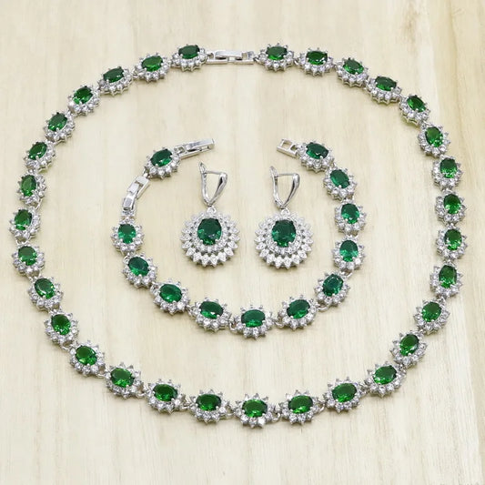 Green Blue Semi-precious Silver Jewelry Sets for Women Necklace Earrings Bracelet Wedding Bridal Jewelry