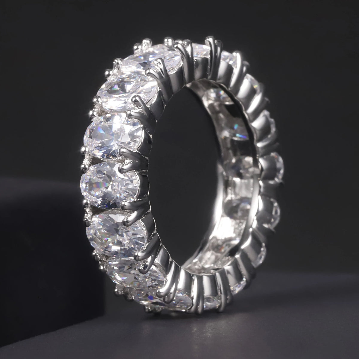 Gemfiori C7530 Abiding Oval 4*6MM Colored Gemstone Eternity Band Glass Blue Sapphire Emerald Cubic Zirconia 925 Silver Band Ring