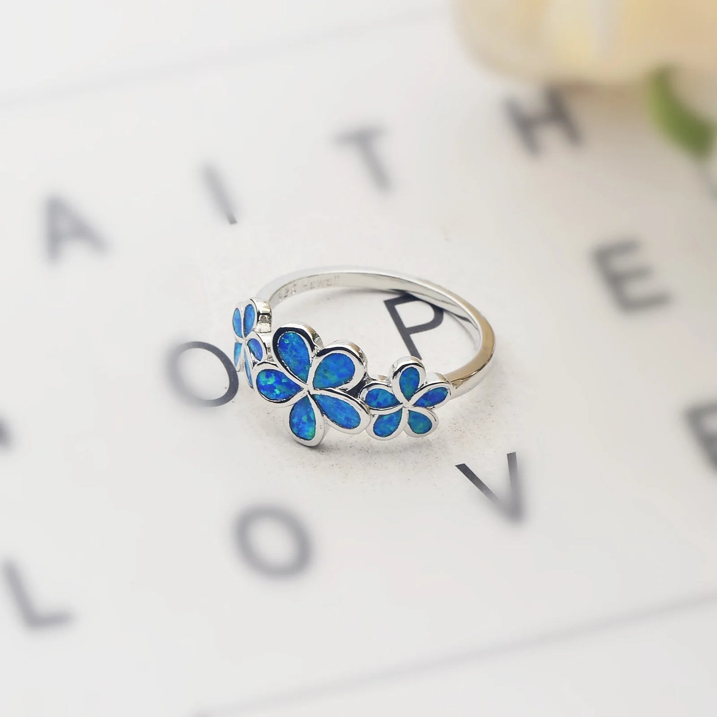 Flower Blue Opal Twisted Ring | Iridescent Gem Inlay Band | Nature-Inspired Fashion Jewelry for Women Trendy Wear