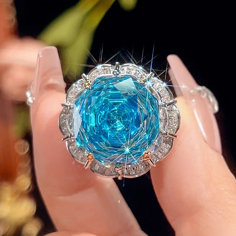 Gemfiori Luxurious Unique Rose Circular Design Necklace Earrings for Girls Blue Cubic Zircon Set Fashionable Women Adjustable Ring
