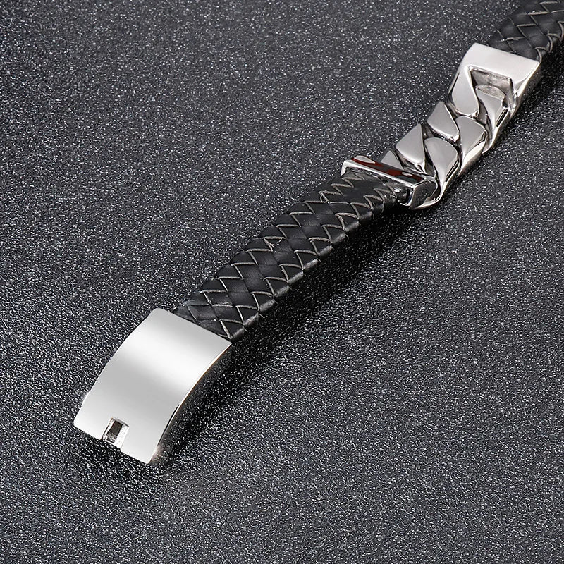 REBEL Vintage Mens Fashion Bracelets Bangles Stainless Steel Cuban Links Leather Bracelet Bangle