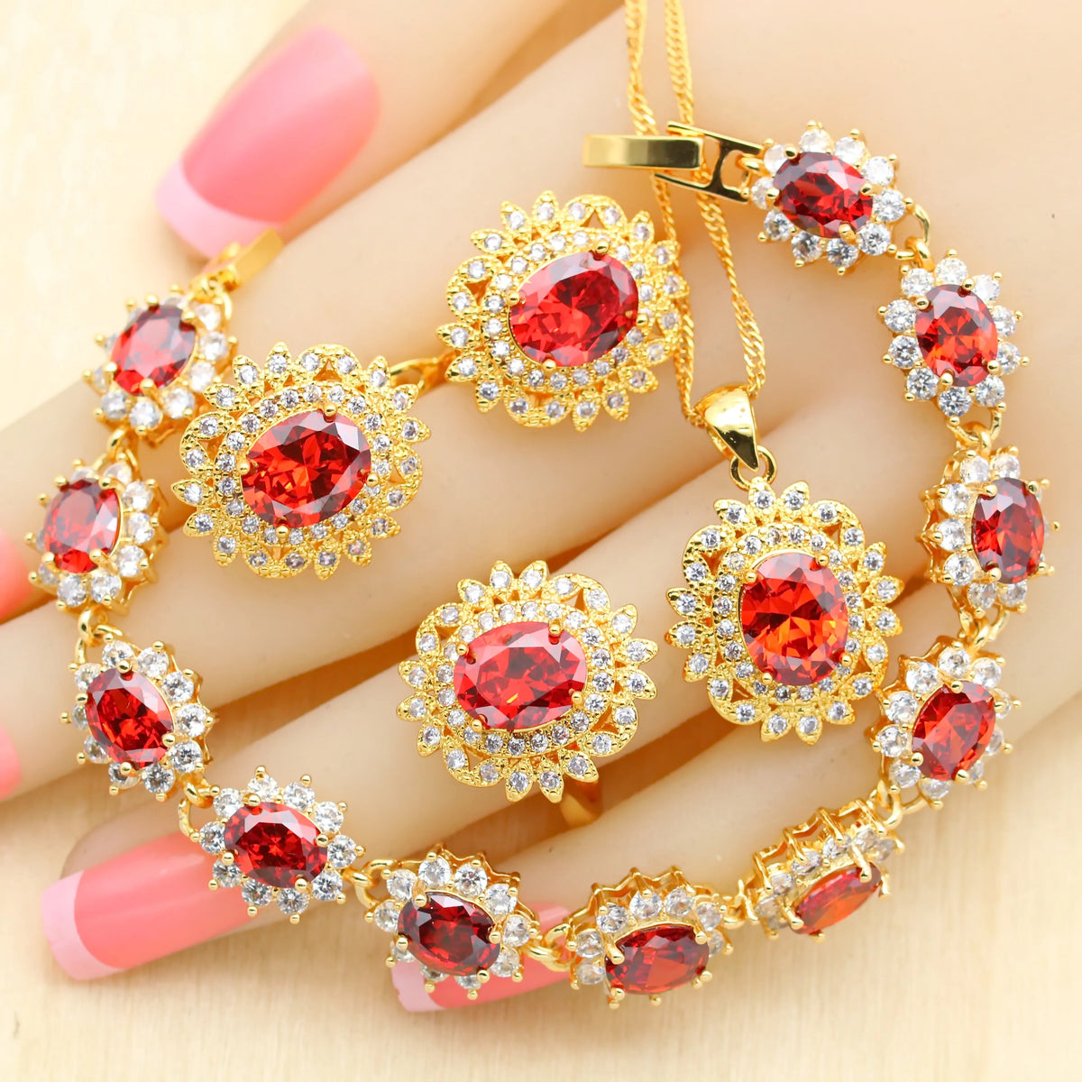 XOTICA Luxury 18k Gold Plated Zircon Jewelry Set for Women Including Earrings Necklace Pendant Ring Bracelet for Parties Weddings