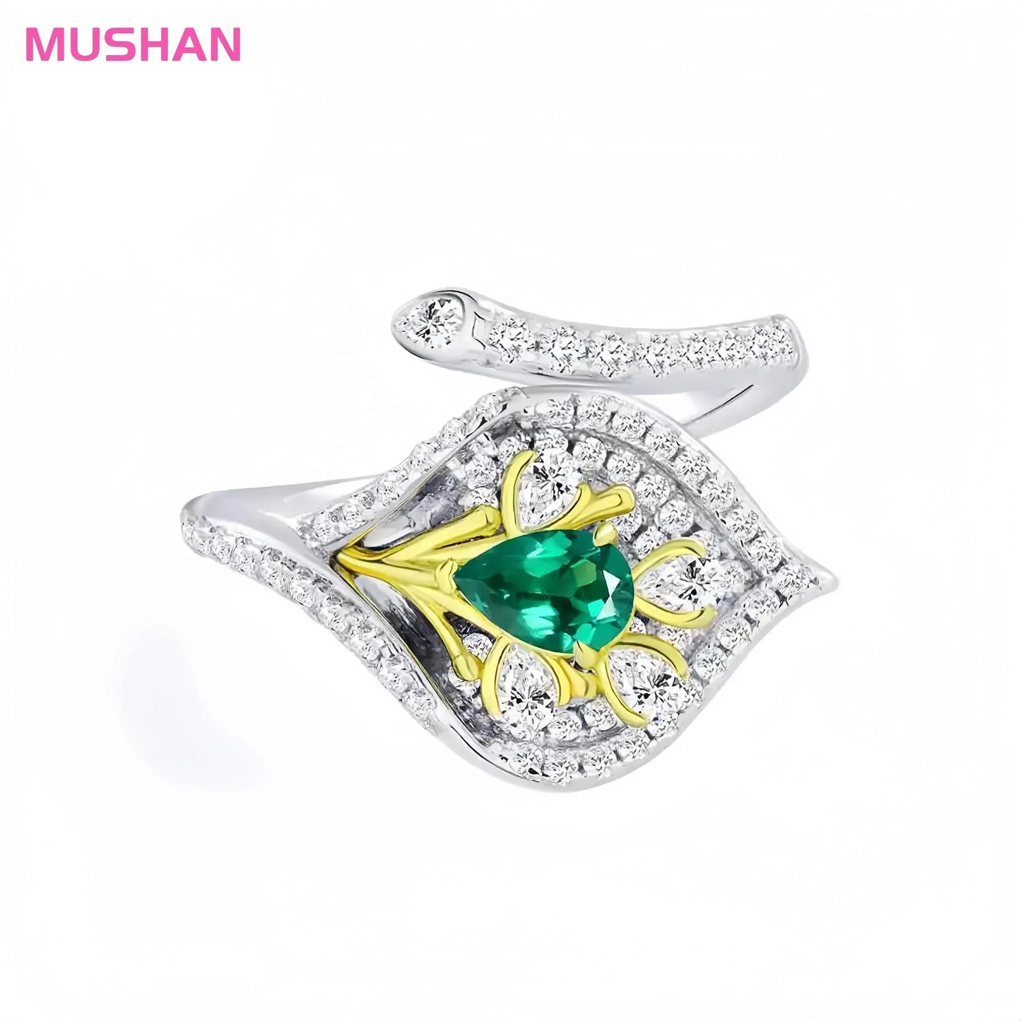 MUSHAN Open Adjustable 925 Sterling Silver Rhodium Plated Engagement Bands with MGI Lab Grown Emerald Gemstone Ring
