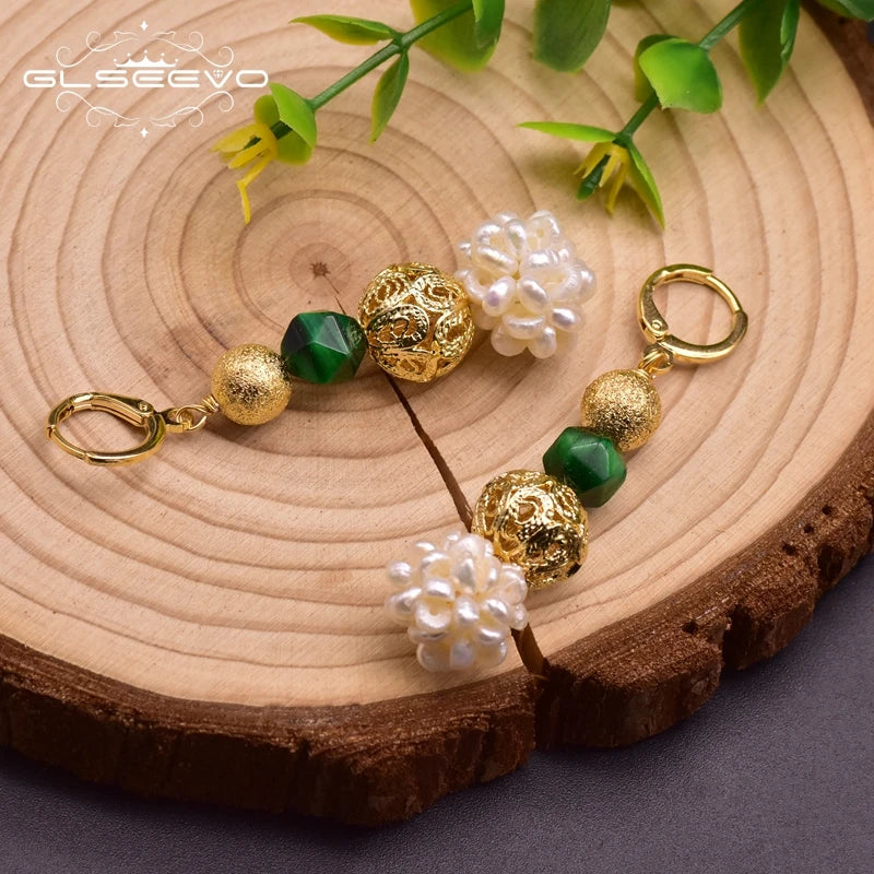 Original Design Natural Green Stone Fresh Water Pearl Dangle Earring for Women Mother Anniversary Ethnic Jewelry
