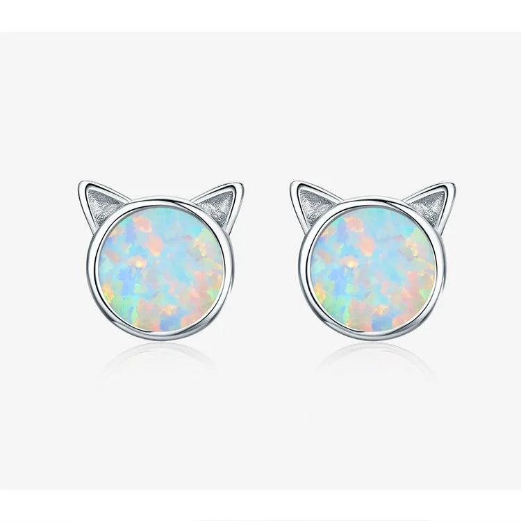 Adorable Cute Animal Cat Head Opal Drop Earrings Copper Alloy Christian Dainty Gift for Women