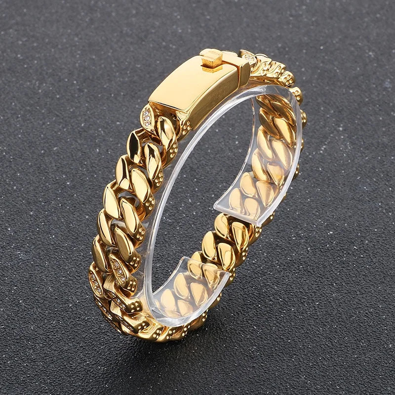 KALEN Vintage Fine Jewelry Fashion Bracelets Men Stainless Steel Rhinestones Cuban Links Bracelet Bangle