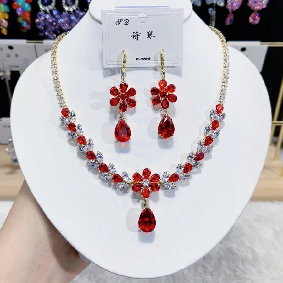 K058 Hot Selling Women Trendy Luxury Flower Zircon Necklace Earrings Set Wedding Elegant Jewelry Set