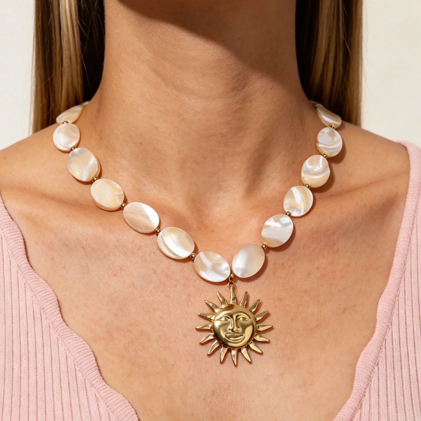 Joolim PVD Plated Wholesale Waterproof Fashion Boho Sun Face Pendant Natural Shell Bead Chain Necklace Stainless Steel Jewelry