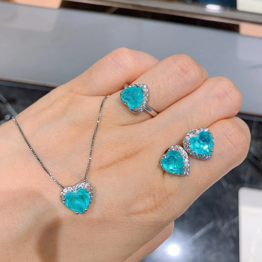Gemfiori New Style Fashionable Zircon Heart Shaped Blue Zircon Pendant Exquisite Luxury Set