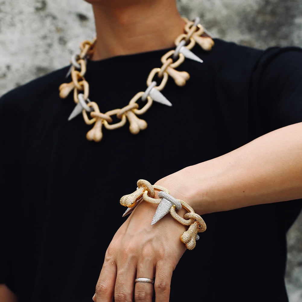 Xs Special Design Rapper's Jewelry 40mm Gold Plated Brass Full 5a Cz Iced Out Rivet Bone Cuban Link Chain for Men