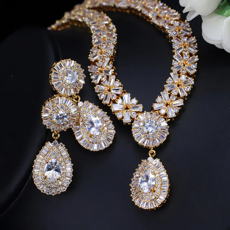 Popular American Style Full Cubic Zircon Inlay Water Drop Shape Pendant Wedding Bridal Jewelry Set for Women Honorable Jewelry