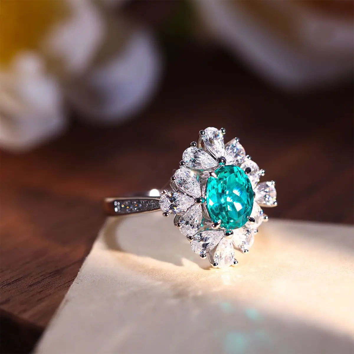 Mixed-Cut Halo Oval Lab-Grown Paraiba Tourmaline Statement Ring S925 Silver Rhodium Plated Gemstone Jewelry for Luxury Vacation