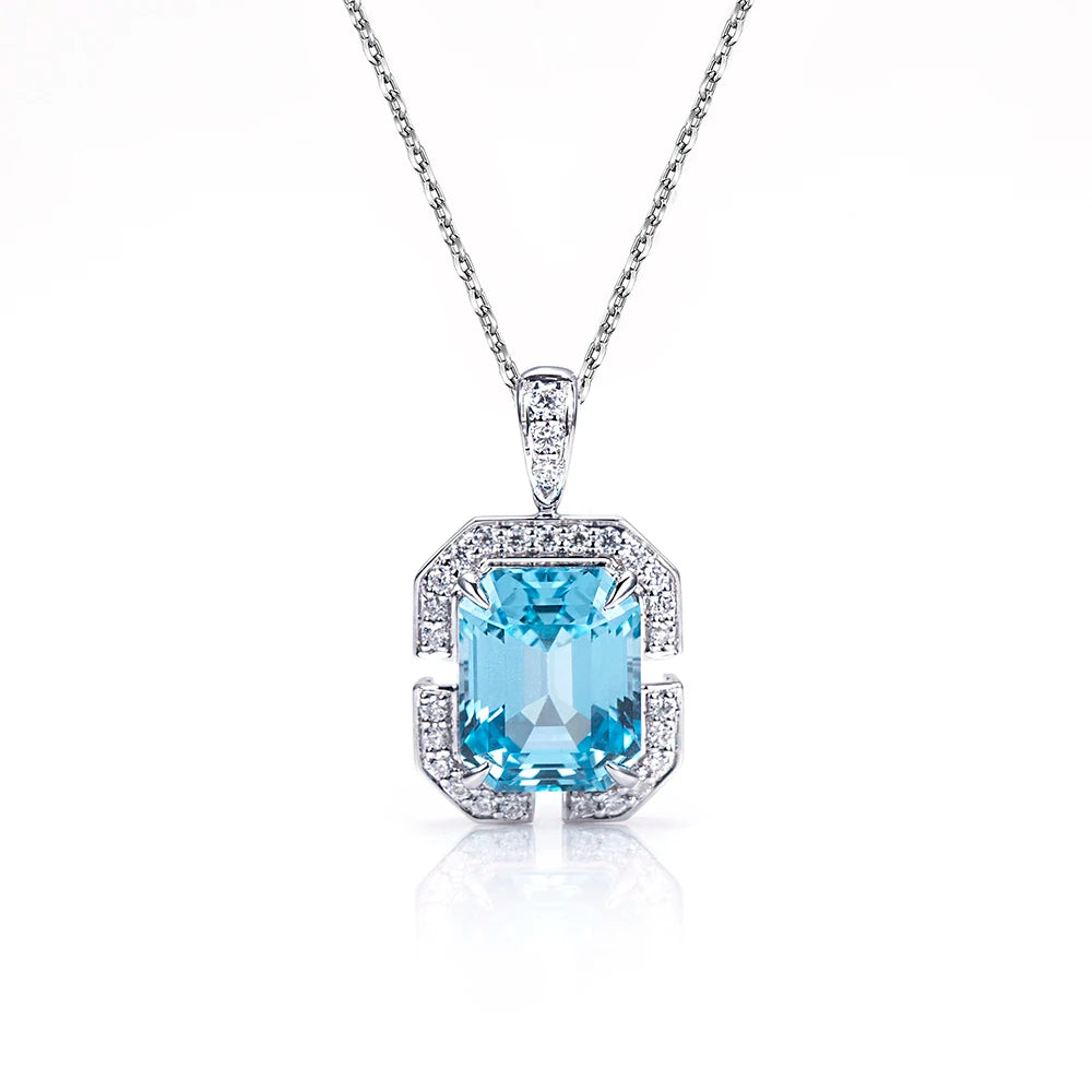 Messi Jewelry MSN-808 Aquamarine Color Lab Sapphire Emerald 8mm*10mm  Gemstone Necklace Pendant 18K White Gold