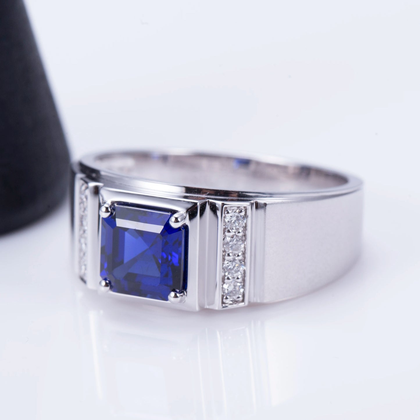 Messi Jewelry  MSR-1187 Custom 18K White Gold Asscher Lab Sapphire Gemstone Men Rings