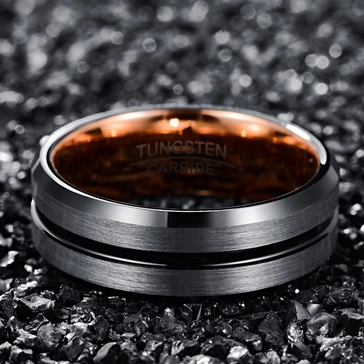 Wholesale 8mm Width Chamfer Plated Rose Golden Black Middle groove Men's Tungsten Ring Jewelry