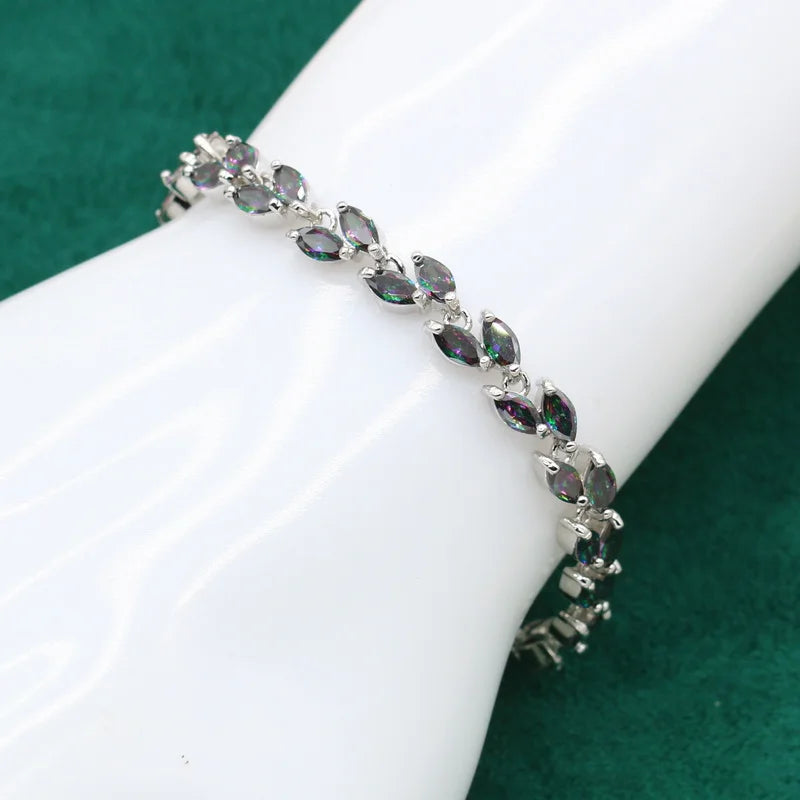 XOTICA Dubai Jewelry Set for Women Rainbow Zirconia Silver Color for Wedding Party Engagement; Includes Bracelet Hoop Earrings Ring
