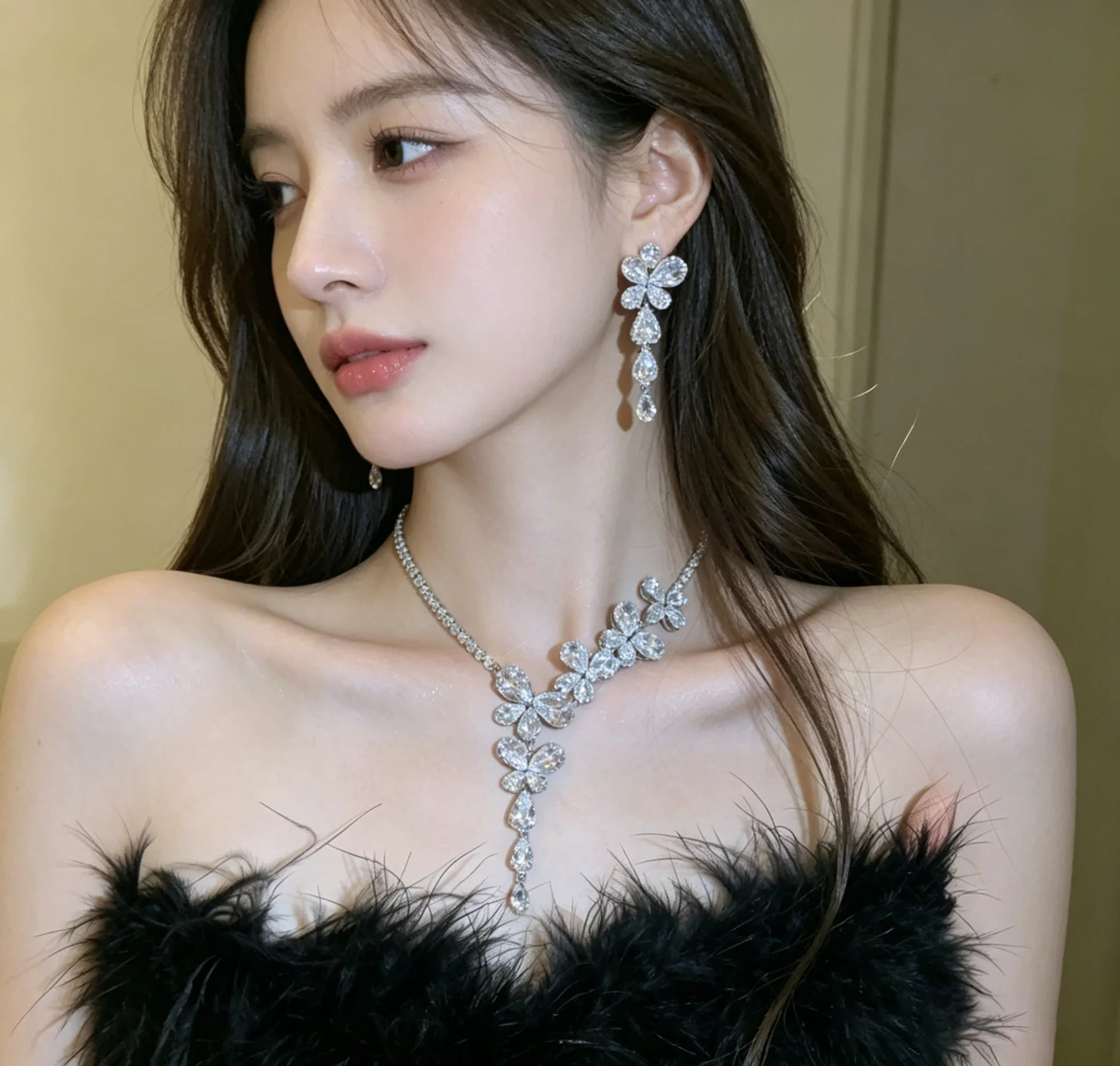XM S362 Silver Plated Princess Cut Zircon Floral Choker Necklace & Teardrop Pendant Bridal Set