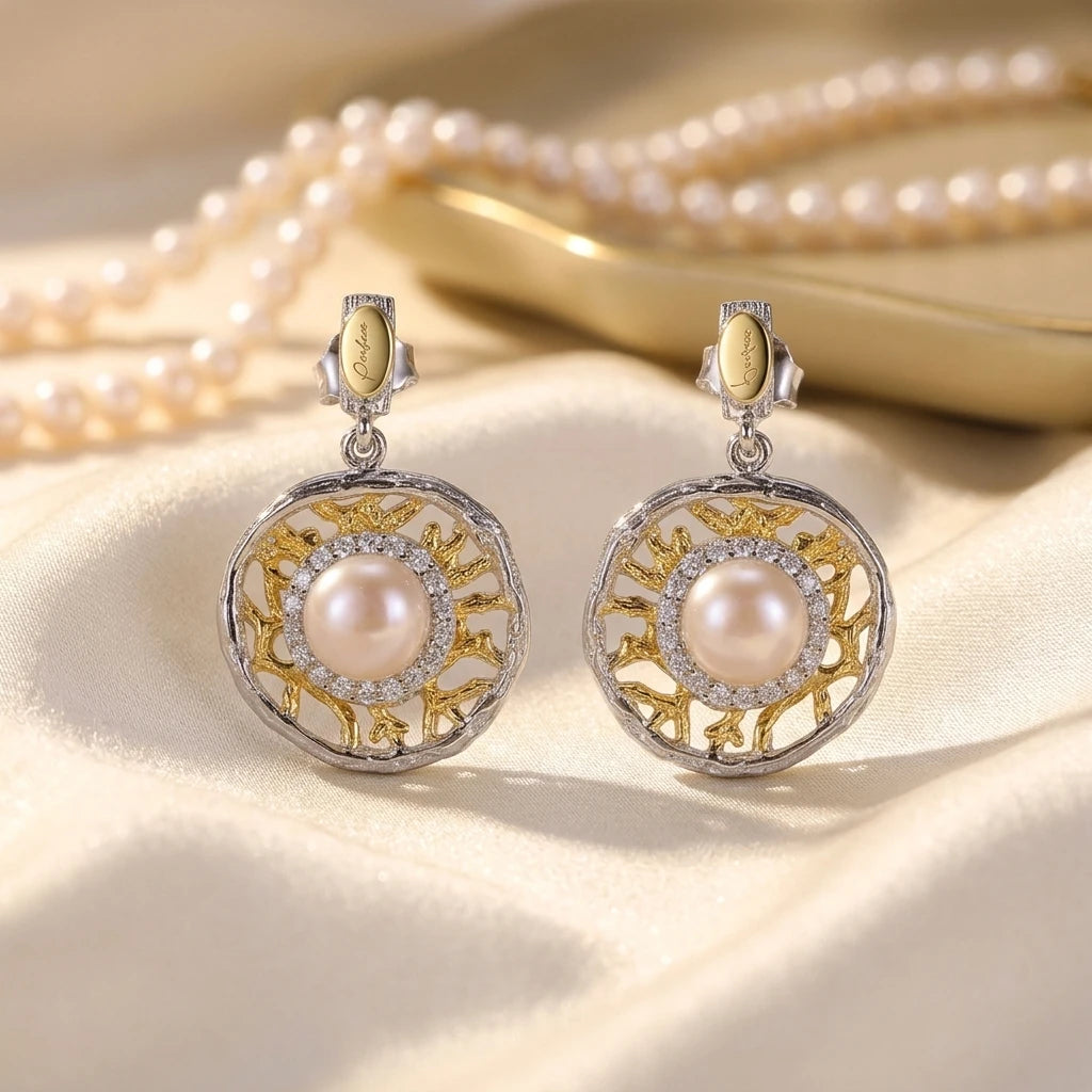 Round Dangle Freshwater Pearl 925 Sterling Silver Fashion With White Zircon Gold Plated Women's Pearl Earring