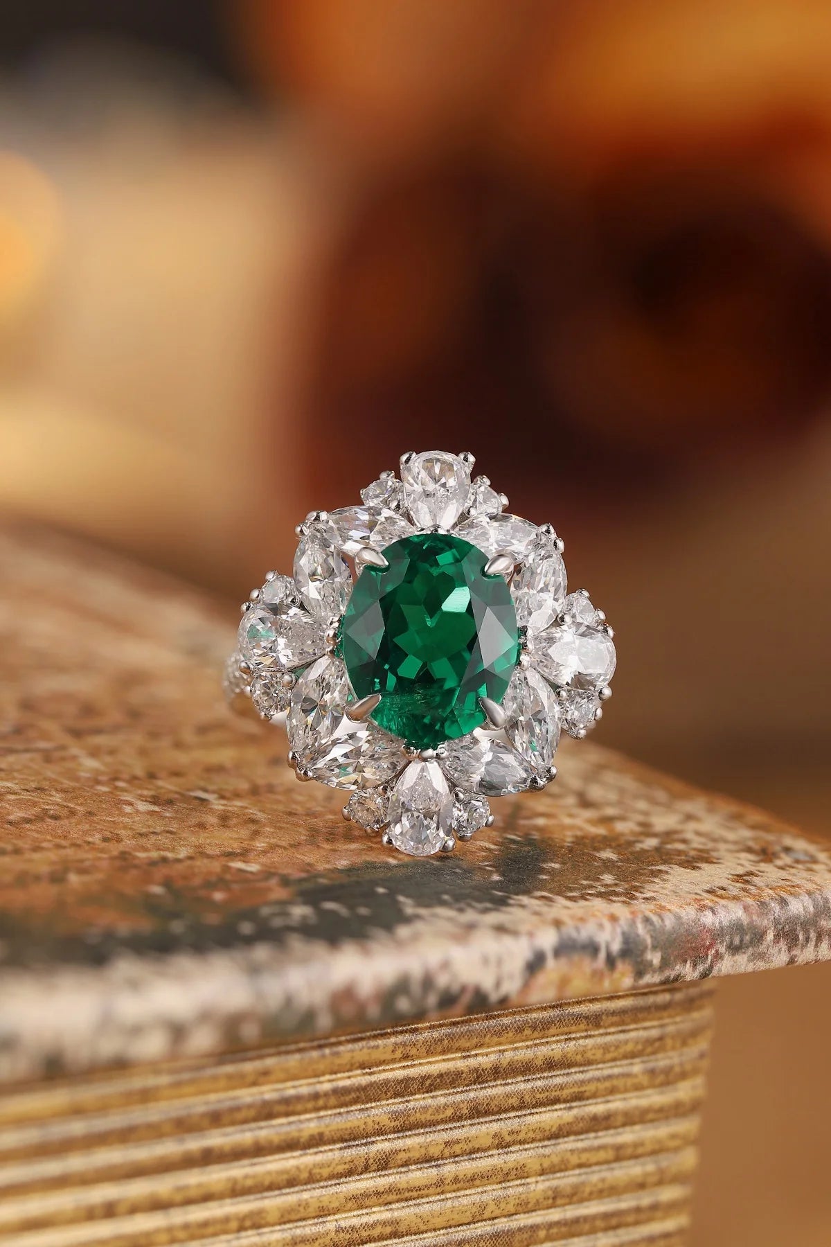 Gemfiori S925 Silver Cultivated Emerald Ring Main Stone: 3.54CT Side Stones:5.81CT Weight: 7.42g