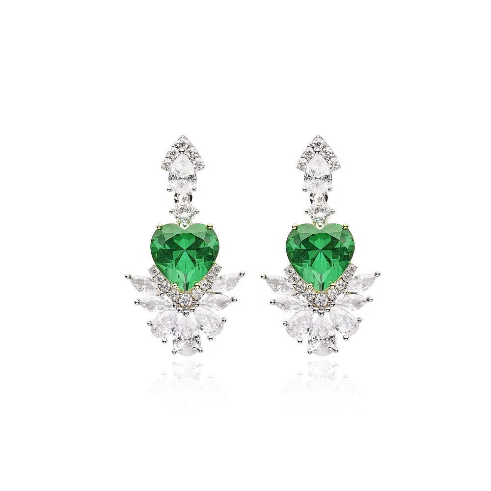 Brass Green Necklace Earrings Heart-shaped Green Zircon Jewelry Set Engagement Jewelry Simple and Fashionable