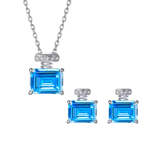 S&S Aqua Blue CZ Emerald Cut Pendant Necklace & Stud Earrings Set | 925 Silver Rhodium Plated | S&S Collection