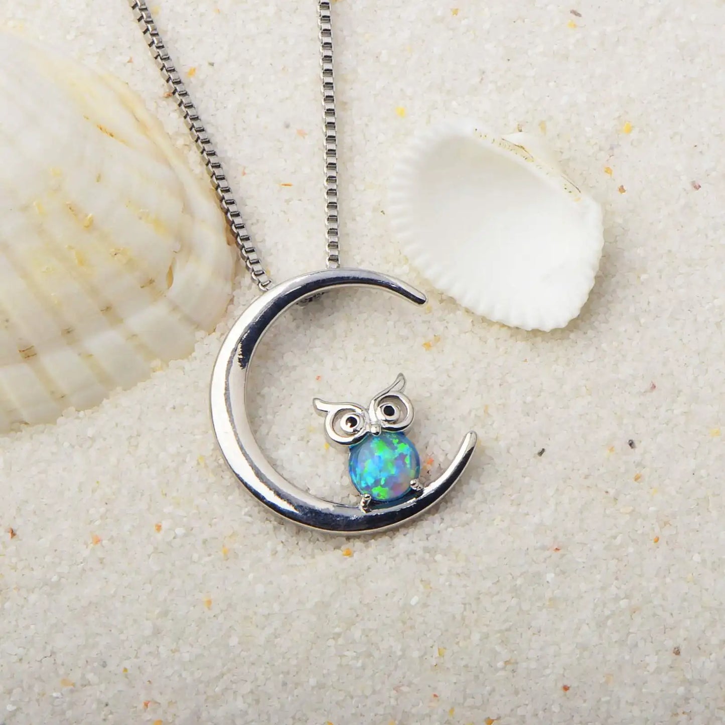 Celestial Moon Owl Copper Sweater Chain Blue Fire Opal Pendant Necklace-Women's Night Theme Jewelry | Whimsical Bulk Gift