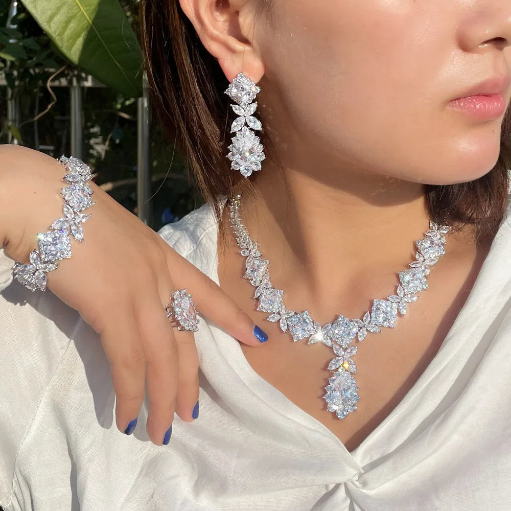 4 Pcs Flower Drop Emerald Green Big Cubic Zircon Dubai Women Party Costume Jewelry Sets for Brides Wedding Luxury