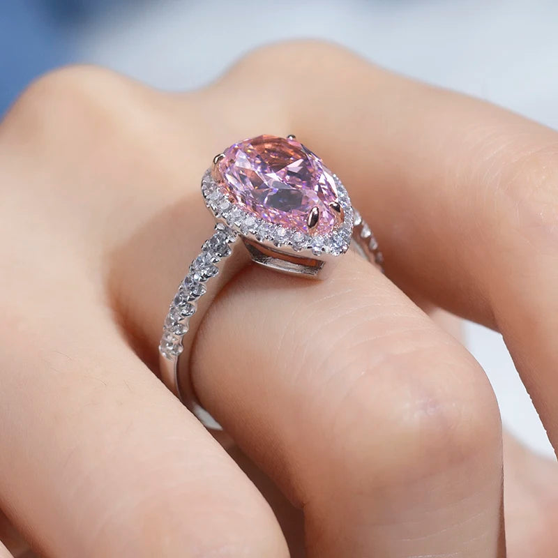 Messi Jewelry MSR-962 High Carbon Cubic Zircon Pink Diamond Ring Jewelry S925 Pear Cut Eternity  Engagement Wedding Ring