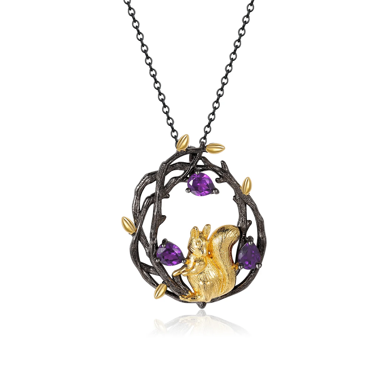 ArtistA C7874 Abiding Forest Spirit 925 Silver Gold-Plated Natural Forest-Core Niche Design Amethyst Squirrel Jewelry Set
