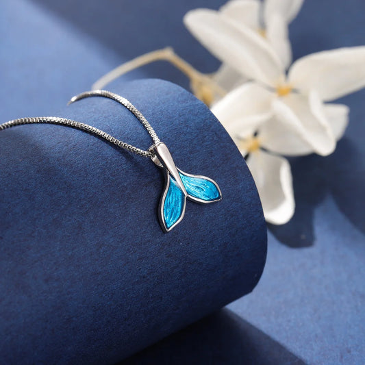 Stylish and Elegant Animal-shaped Mermaid-style Blue Resin Fishtail Pendant Necklace with Box Chain Copper Wholesale