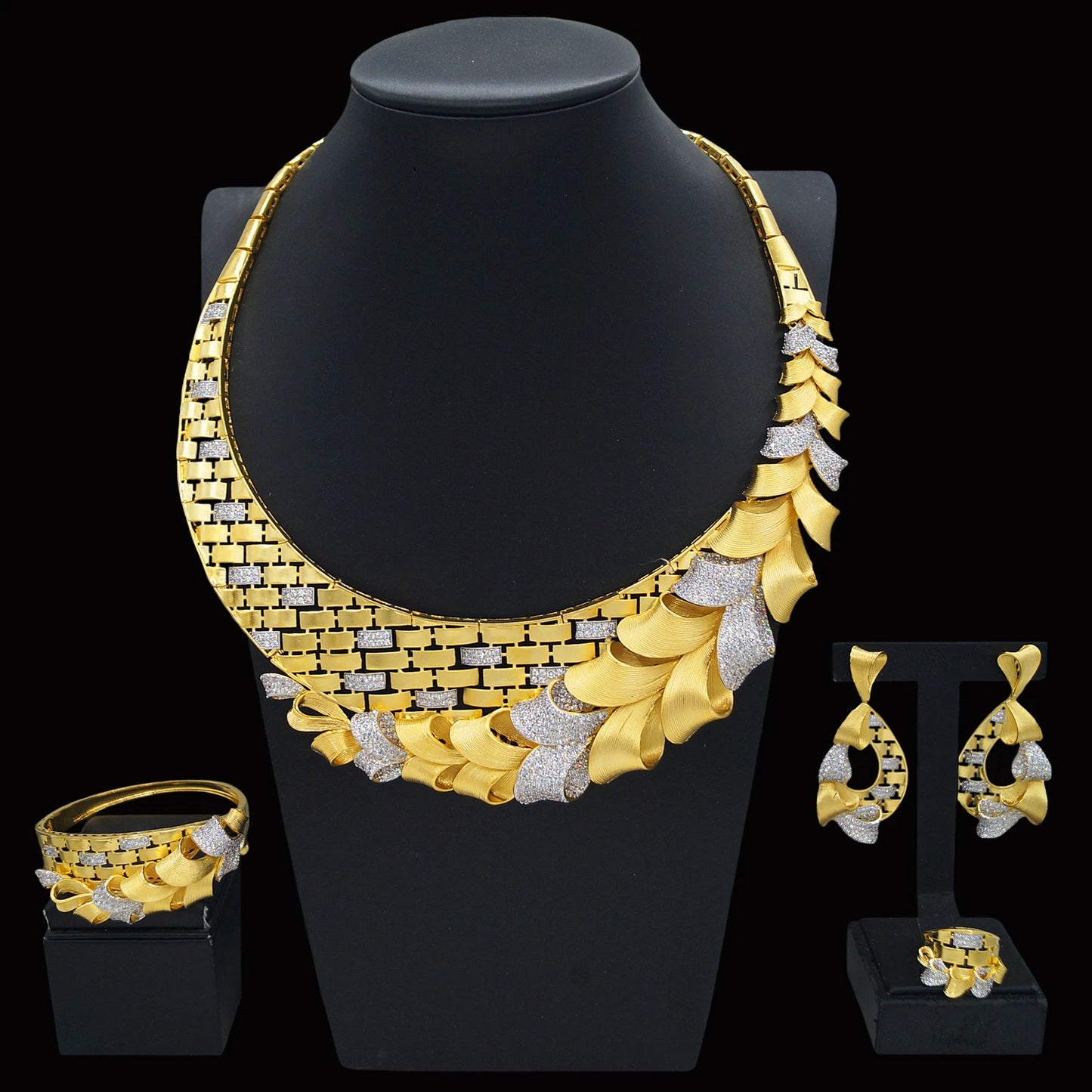 Zhuerrui New Designer Jewelry Set Exquisite Woven Metal Chain Nigerian Noble Lady Mother's Day Necklace Bracelet Ring Earrings