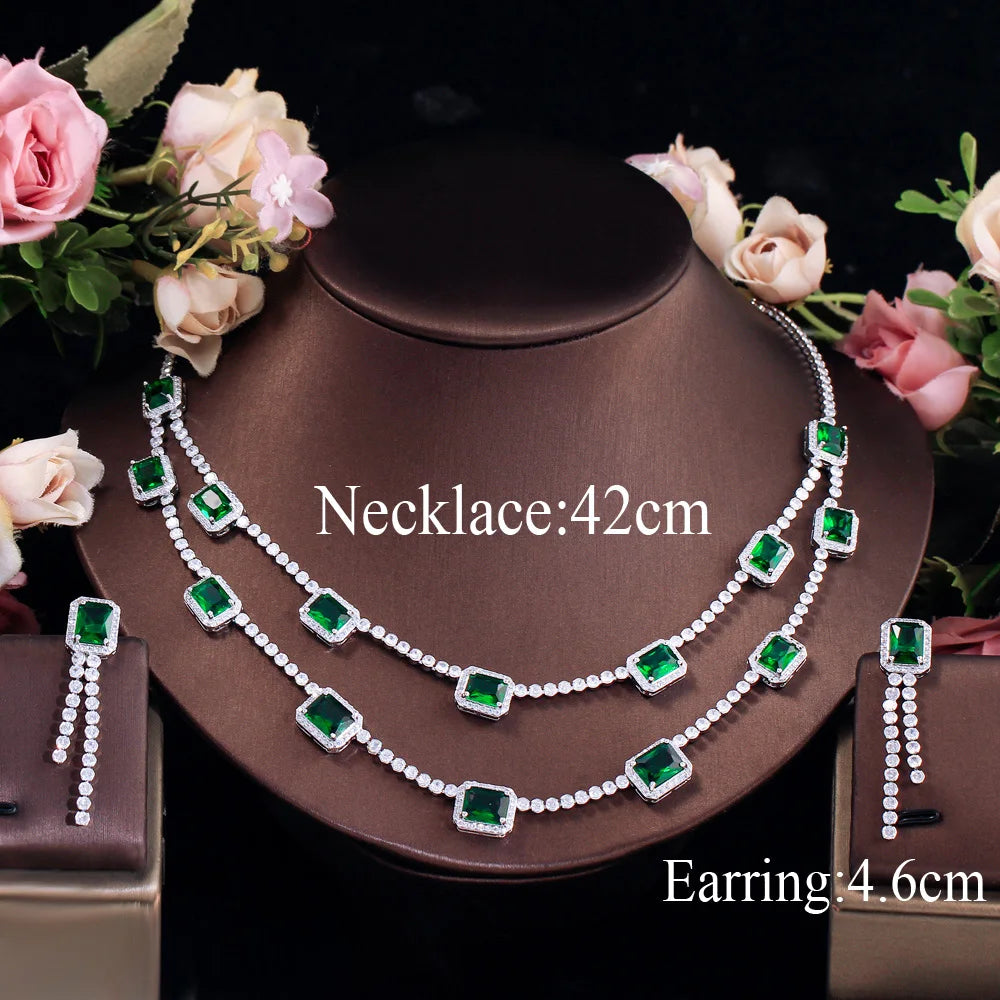 Generous Design Rectangle Cubic Zirconia Necklace and Earrings Set Wedding Bridal Party Green Jewelry Set for Women Accessories
