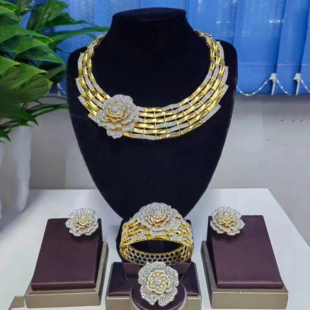 Zhuerrui Luxury Cubic Zirconia Jewelry Set American Diamond Flowers Jewelry Sets Necklace Bracelet Earrings Ring Jewellery Sets