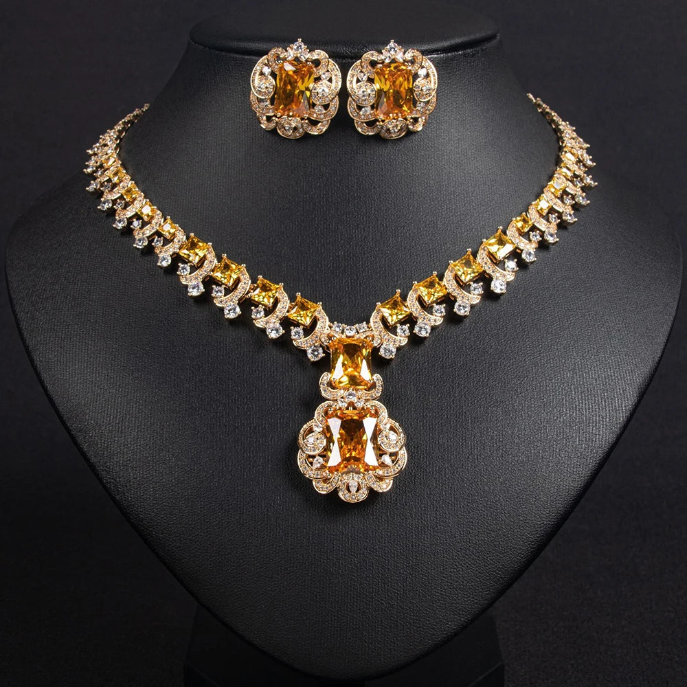 Gemfiori High Quality Luxury Square Pendant Necklaces Earring Sets Ladies Sparkling Zircon Stud Earrings Wedding Engagement Party Jewelry