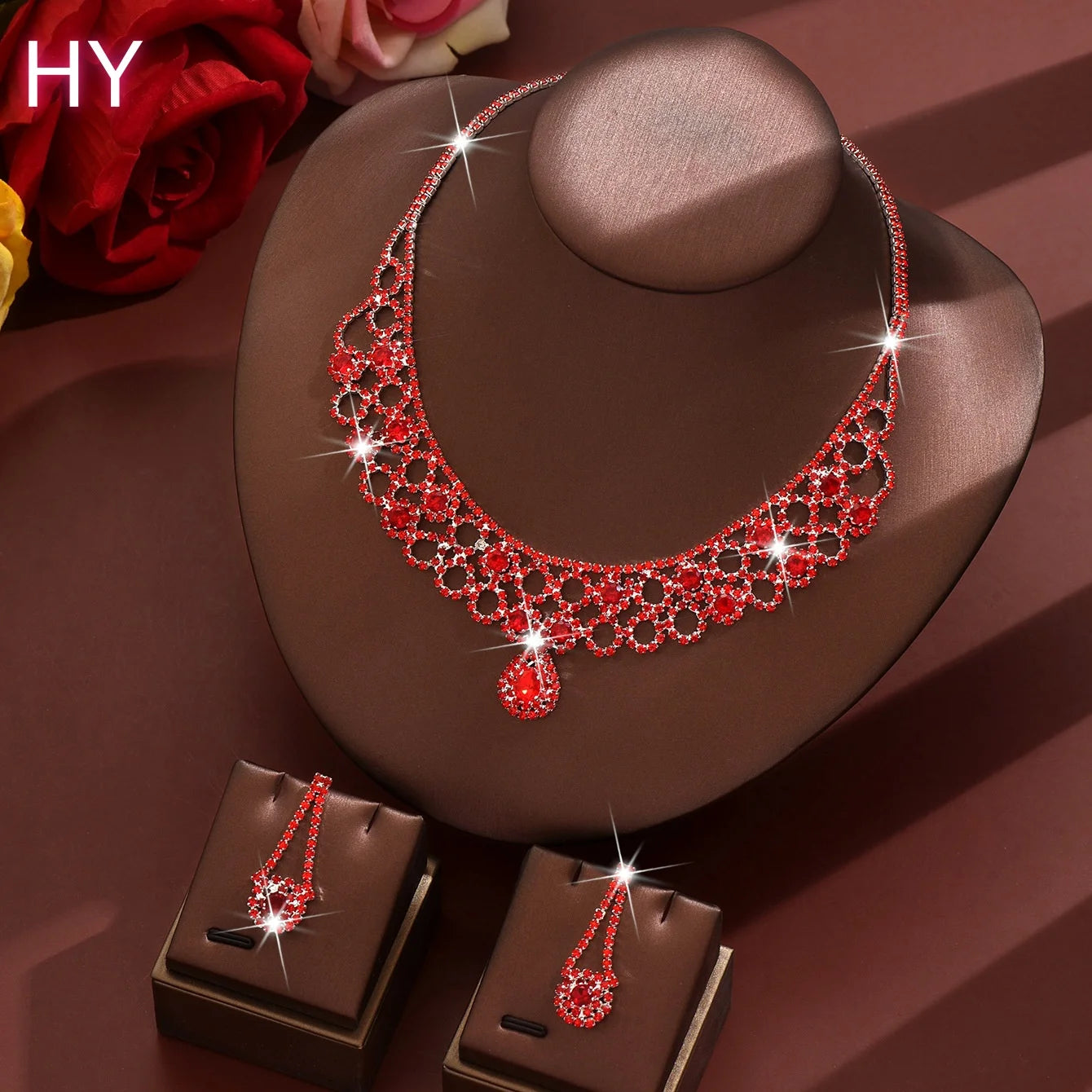 HY Wholesale of Party Accessories Popular Golden Fashionable Colored Diamond Necklace and Earring Sets