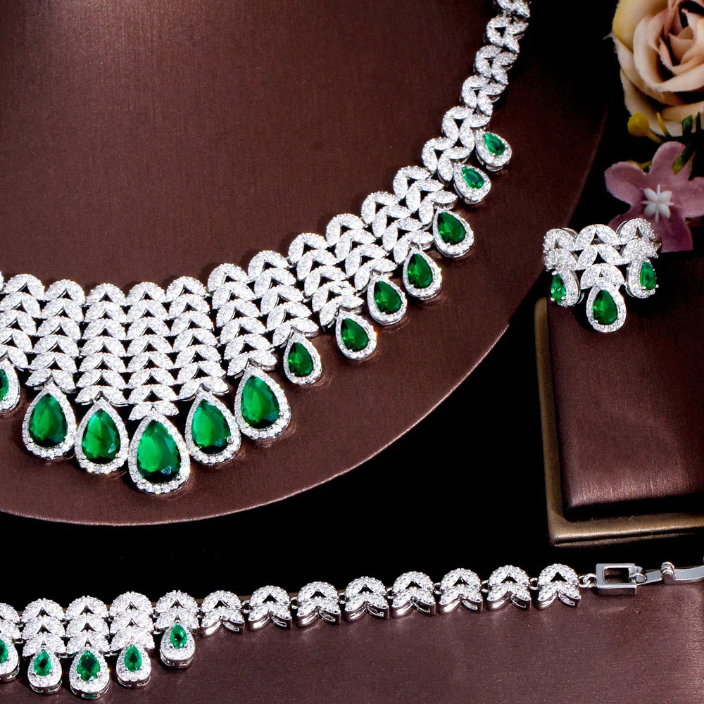 Luxury Water Drop Big Statement Jewelry Set for Women Wedding Green Cubic Zircon CZ African Dubai Saudi Arabia Bridal Jewelry