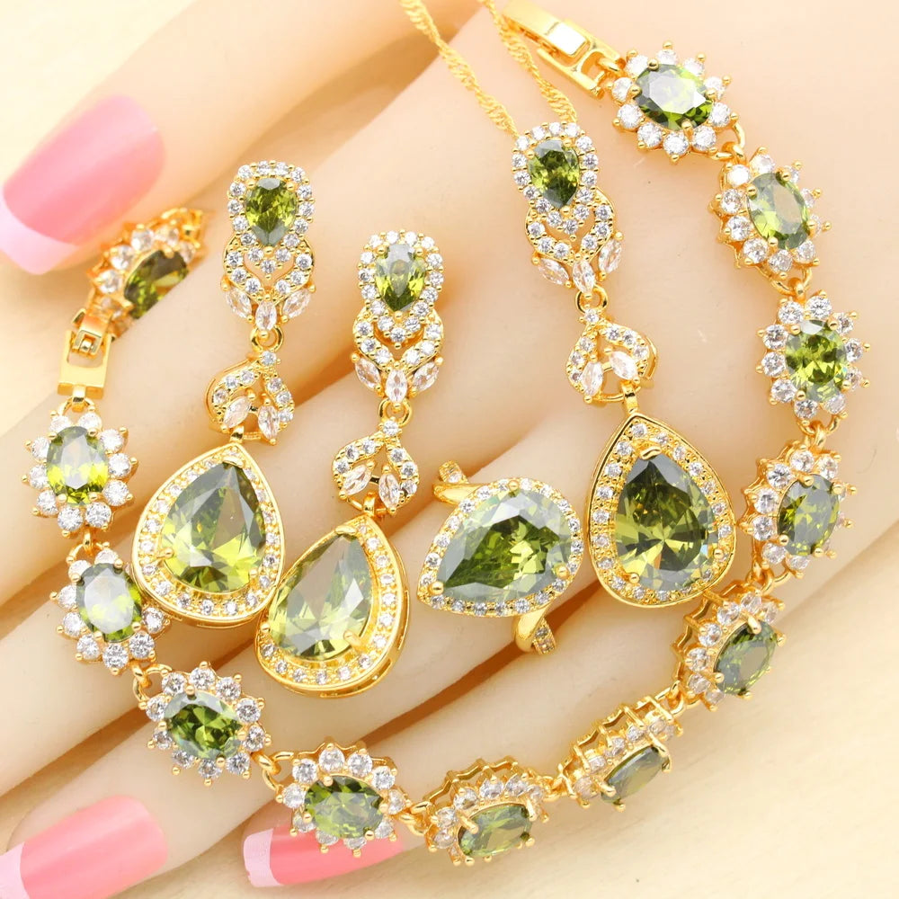 XOTICA 2023 Women's Gold Jewelry Set with White Zircon Wedding Party Engagement Bracelet Earrings Necklace Pendant Ring Gift