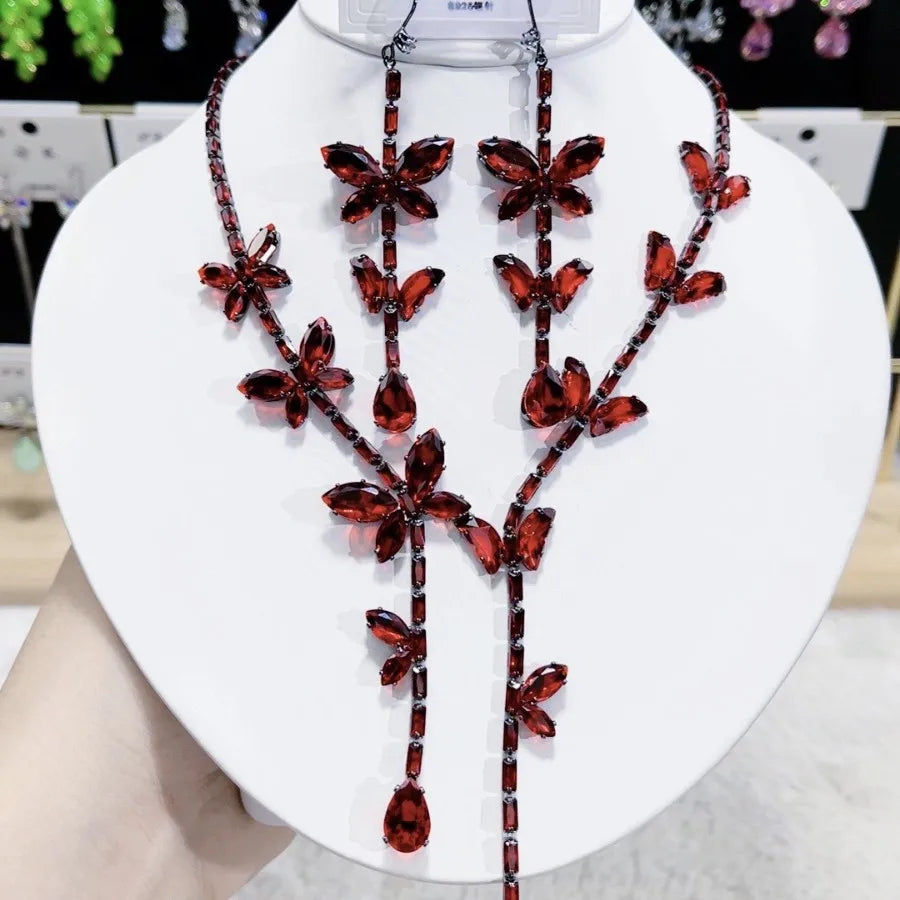 K069 Top Quality European Fashion Luxury Exquisite Pink Zircon Butterfly Necklace and Earrings Set Women Elegant Jewelry Set