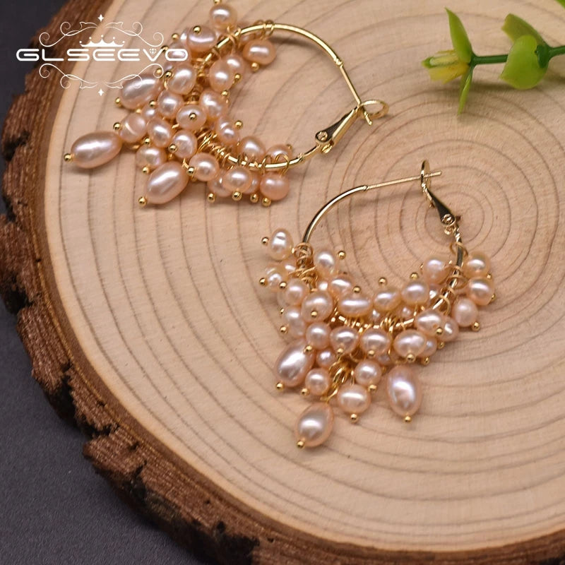 Natural Freshwater Pearl Pink Hoop Earrings Gifts for Women Girl Weddings Round Fashion Handmade Jewelry