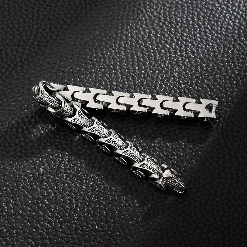 VIKING Mens Punk Dragon Pattern Casting Bracelet – Silver Stainless Steel